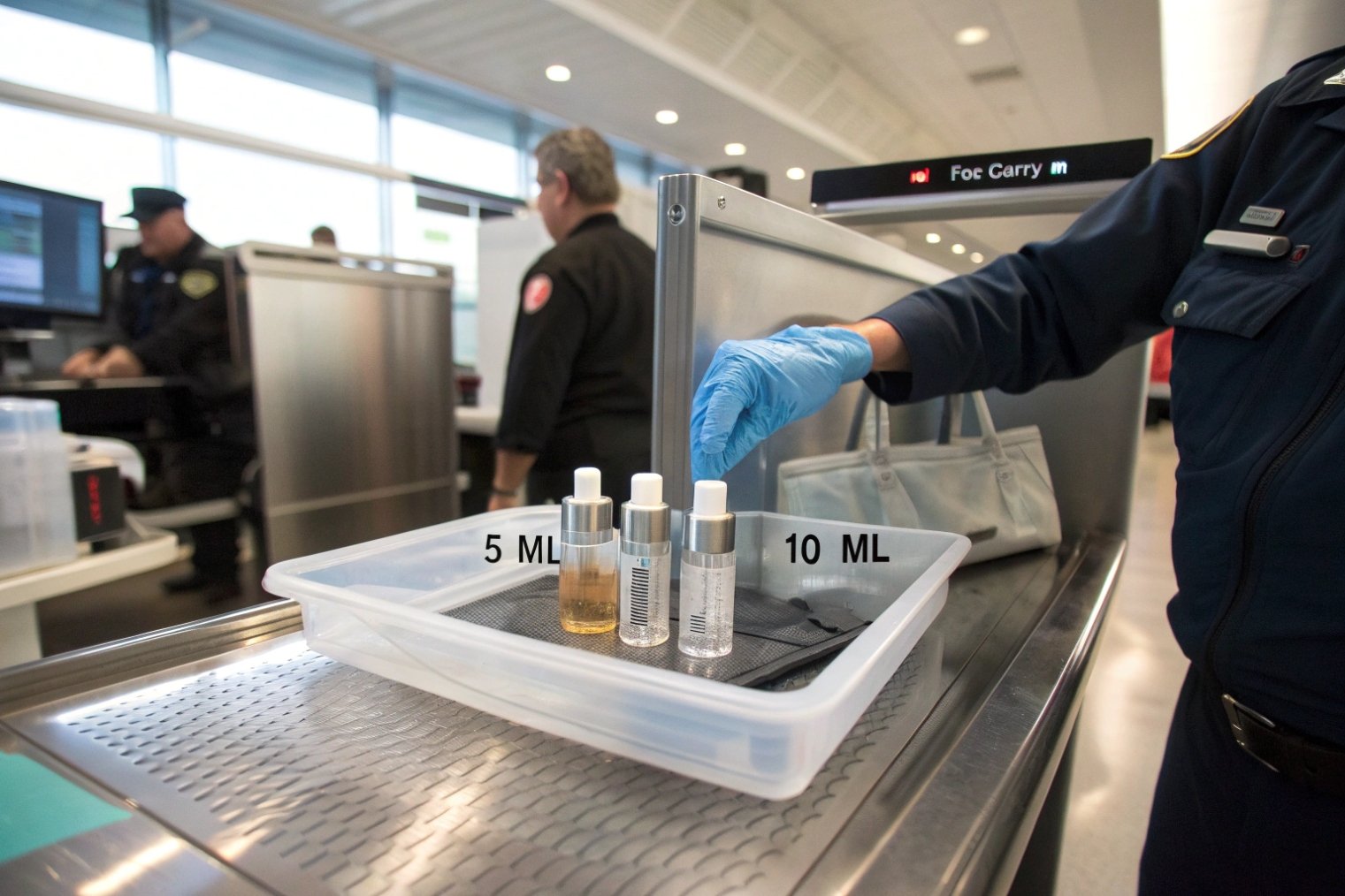Airport security officer placing three tiny cosmetic bottles labeled 5 ml and 10 ml into a screening tray