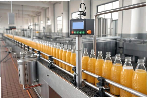 Clear juice bottles filled on automated line with HMI monitor in factory