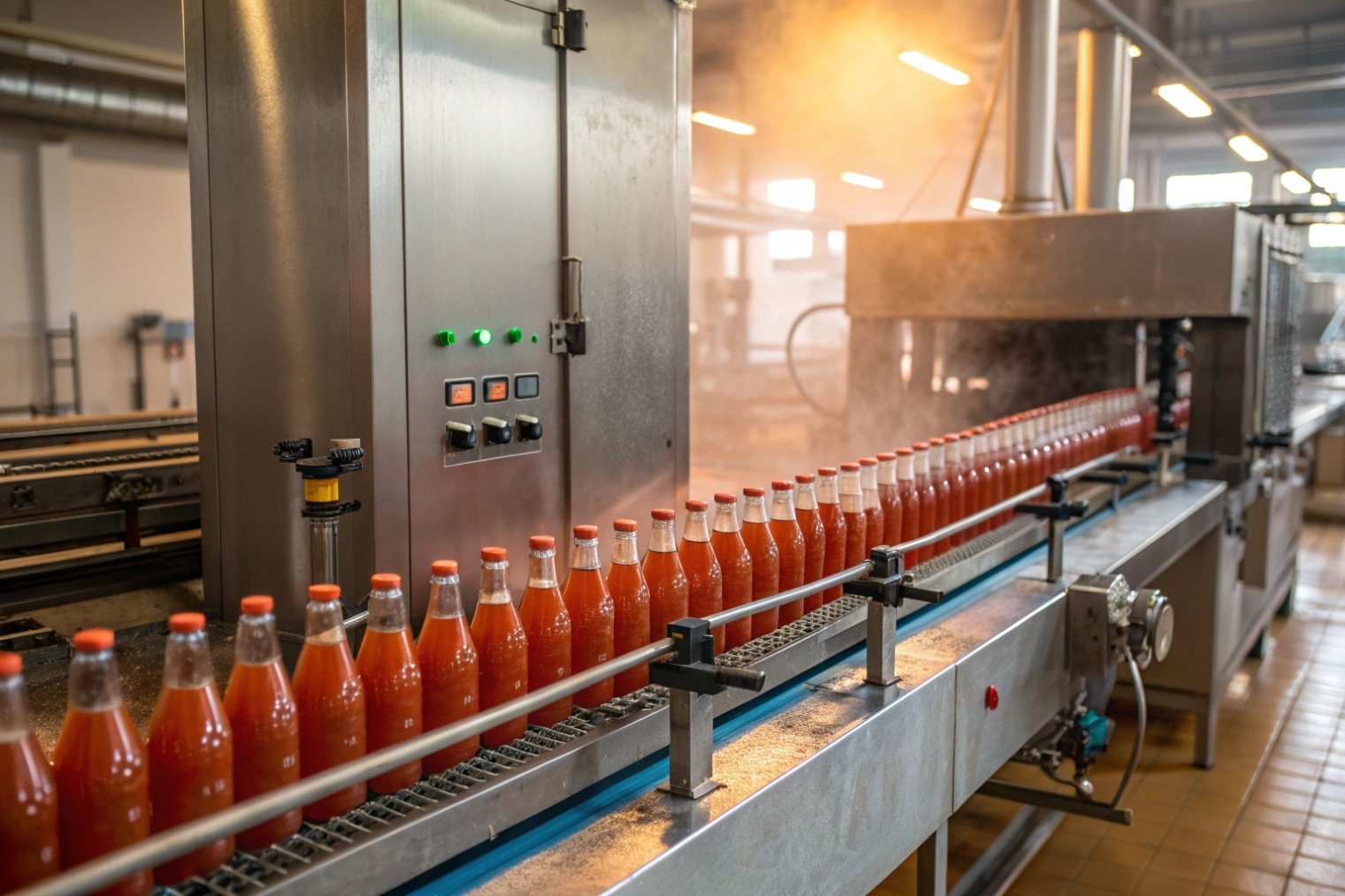 Automated bottling line filling hot sauce into glass bottles with steam tunnel