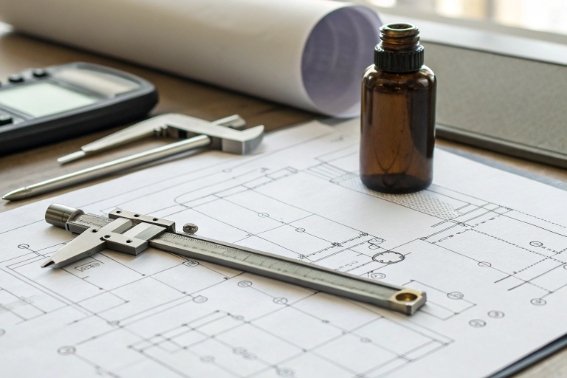 Amber glass vial on engineering blueprint with calipers for bottle design measurement