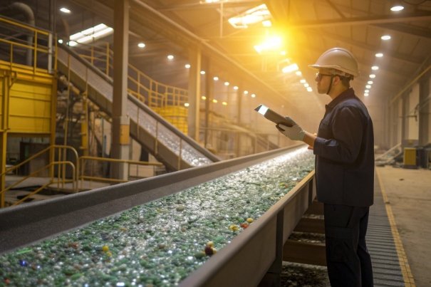 Worker inspecting recycled glass cullet on conveyor inside industrial recycling facility