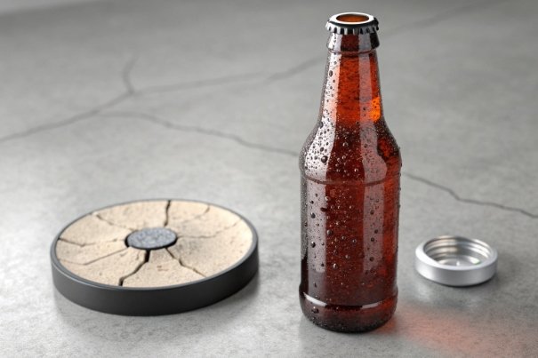 Condensed amber beer bottle beside closure parts and cracked sample disk for QC