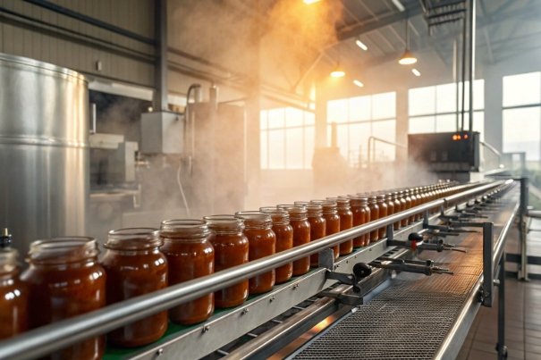 Glass jars on conveyor line in hot processing plant with mist and backlight