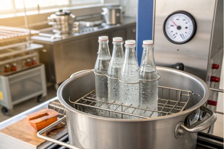 Sterilized glass bottles cooling in stainless bath before beverage filling