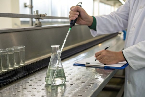 Lab technician pipetting into flask on stainless bench during quality control testing