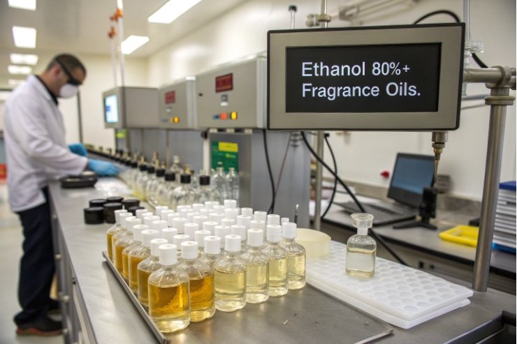 Technician filling small glass perfume bottles with ethanol fragrance blend in clean laboratory