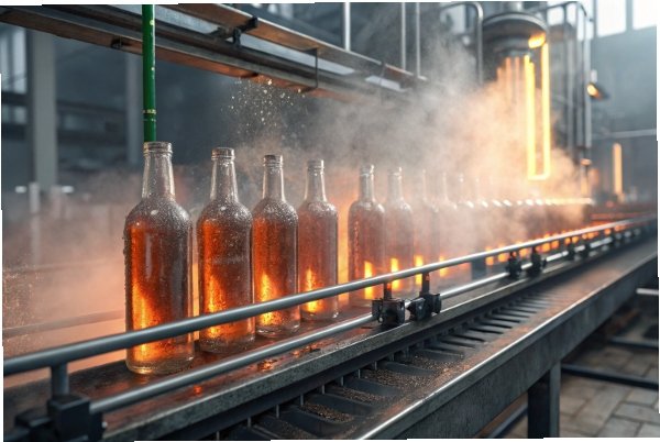 Hot fill glass bottles on conveyor under steam spray cooling in factory