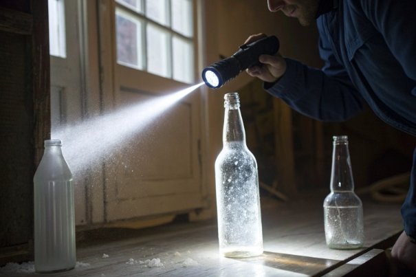 Bottle defect inspection Flashlight beam inspecting clear glass bottle surface for defects and contamination