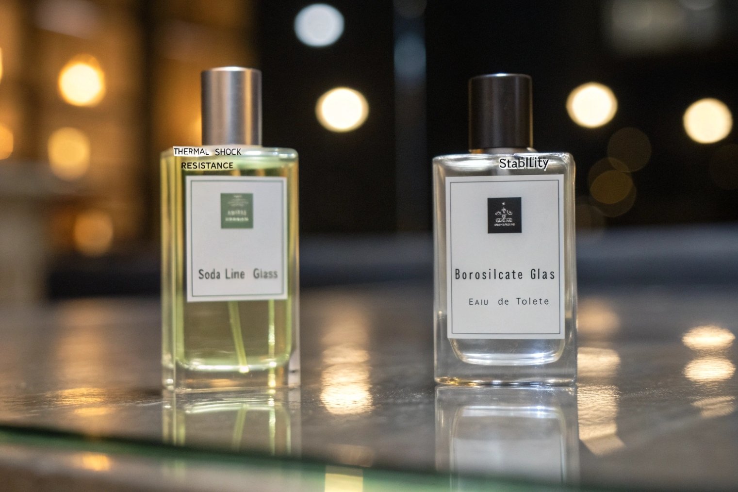 Two minimalist rectangular perfume bottles on a reflective counter, labeled Soda Lime Glass and Borosilicate Glass with notes for thermal-shock resistance and stability
