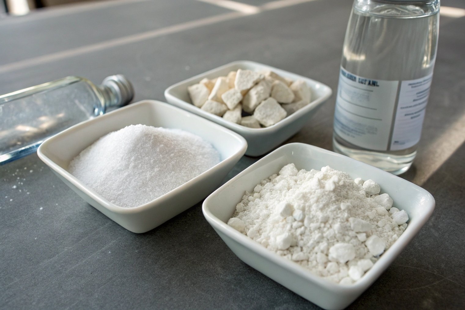 white ceramic bowls with glassmaking raw materials and chemical solution bottles on gray surface