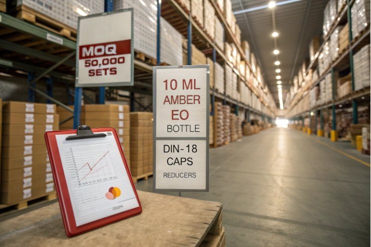 Warehouse stock of 10ml amber essential oil bottles with DIN18 caps and reducers