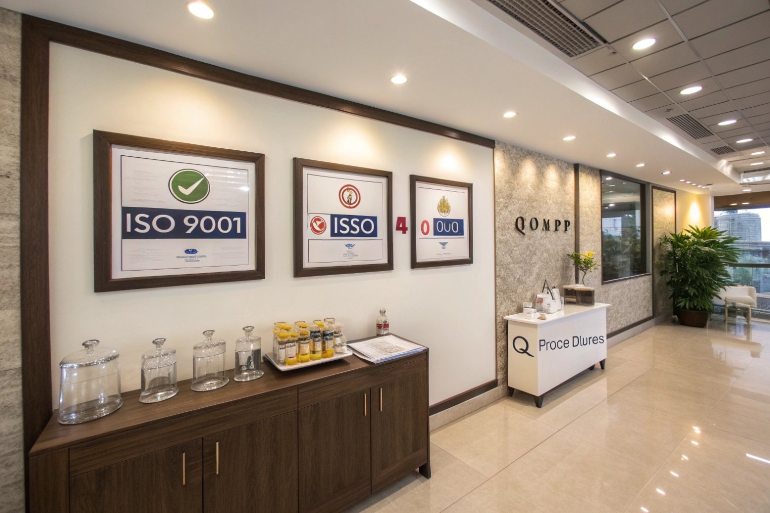 reception lobby with framed ISO quality certificates and glass packaging samples