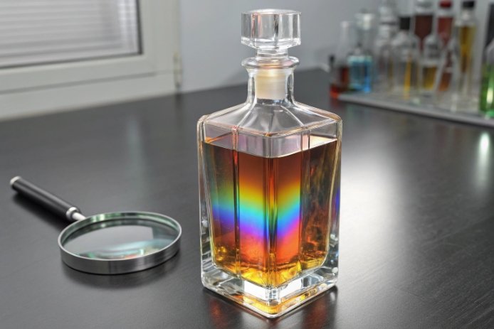 Square whisky decanter showing rainbow refraction on tabletop beside magnifying glass