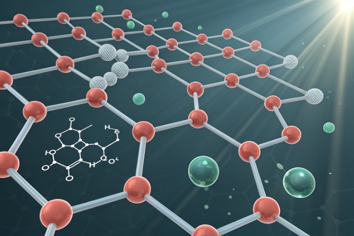 Molecular lattice diagram with atoms, bonds, and chemical structure overlay under light rays.