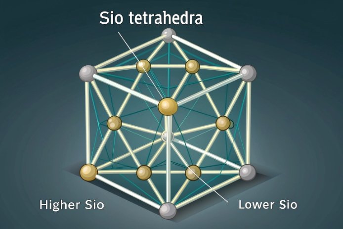 Illustrated structural diagram labeled “Sio tetrahedra”: a 3D tetrahedral network graphic showing “Higher Sio” vs “Lower Sio” regions to indicate silica network connectivity differences.
