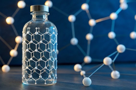 Clear glass jar with molecular lattice graphic representing material science and glass innovation