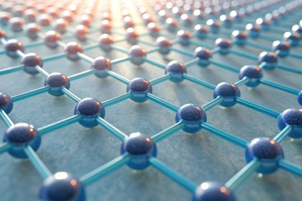 Molecular lattice surface visualization representing glass material structure and bonding network