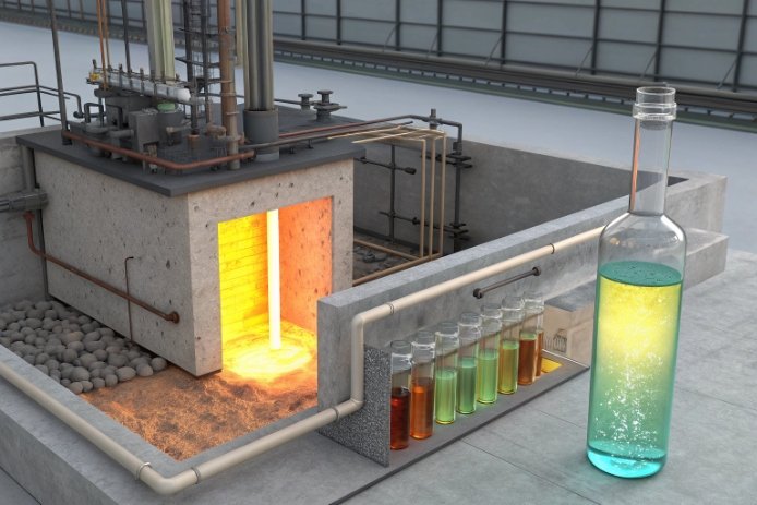 Furnace process diagram with leachables vials and liquid sample bottle for quality control