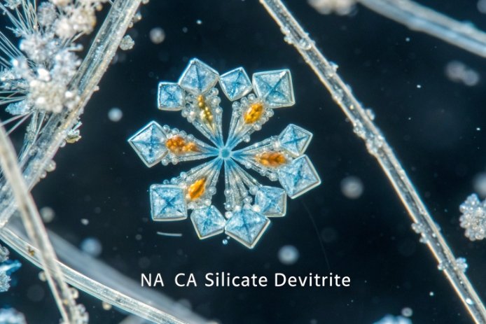 Microscopic sodium-calcium silicate devitrification crystal pattern inside glass matrix.