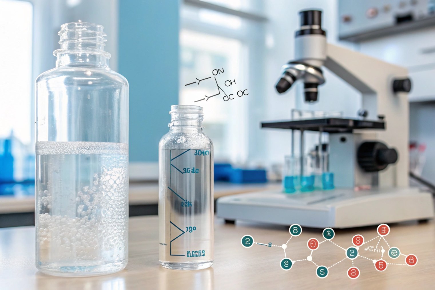 Two clear test bottles with bubbling solutions in front of a microscope and molecular doodles