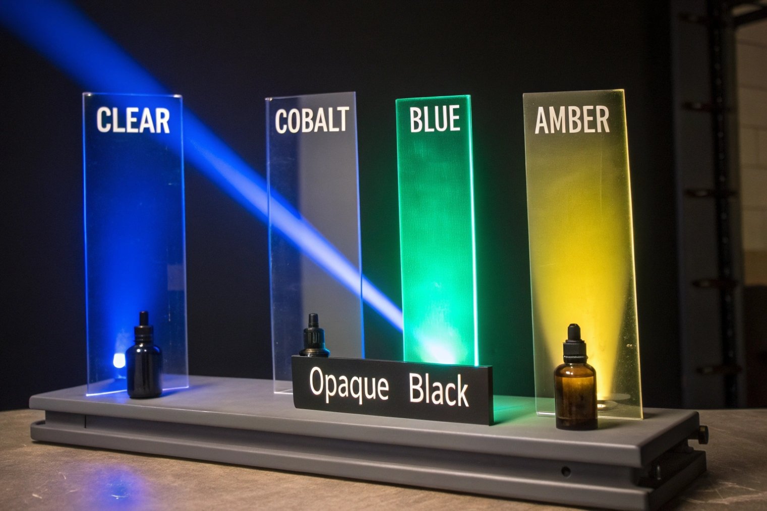 light test comparing clear cobalt blue amber glass panels with dropper bottles