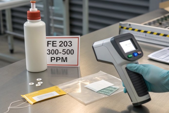 Handheld XRF testing Fe2O3 300–500 ppm sample for glass batch quality control.