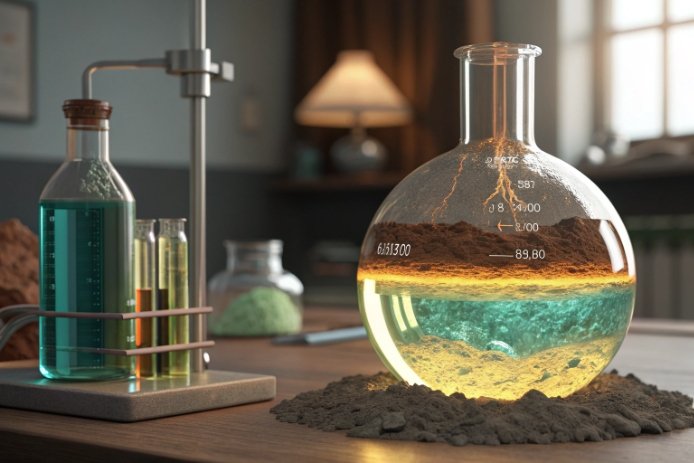 Laboratory flask showing layered melt, foam, and batch blanket in glass testing