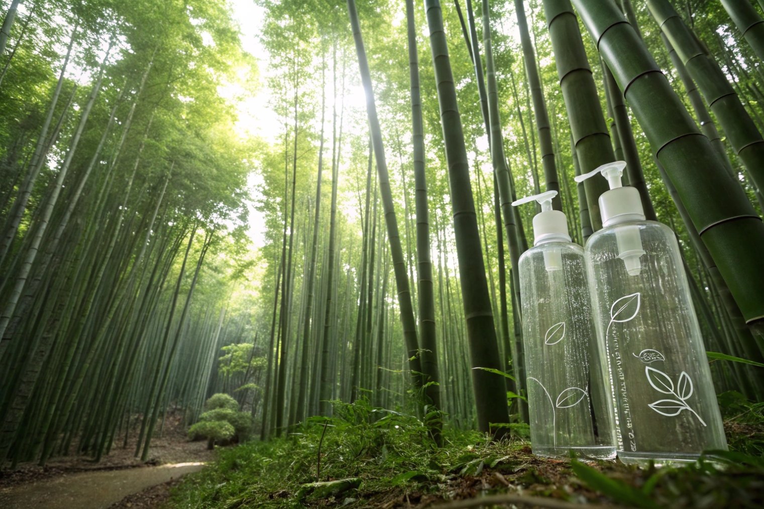 clear pump bottles with leaf design in green bamboo forest