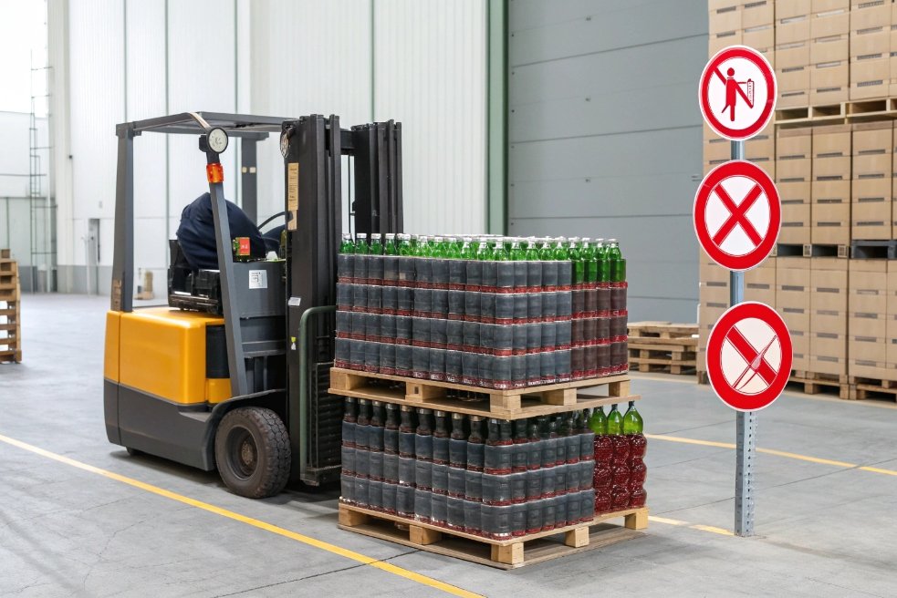 Forklift moving shrink wrapped beverage pallets past warehouse safety prohibition signs