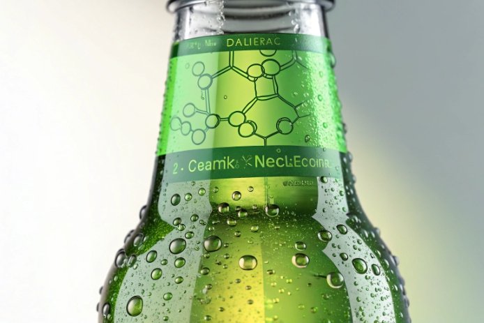 Close-up green bottle with condensation and chemistry label on glass surface