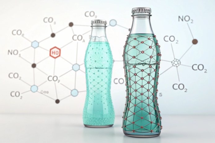 Aqua glass bottle with CO2 molecular network overlay illustrating carbonation barrier concept