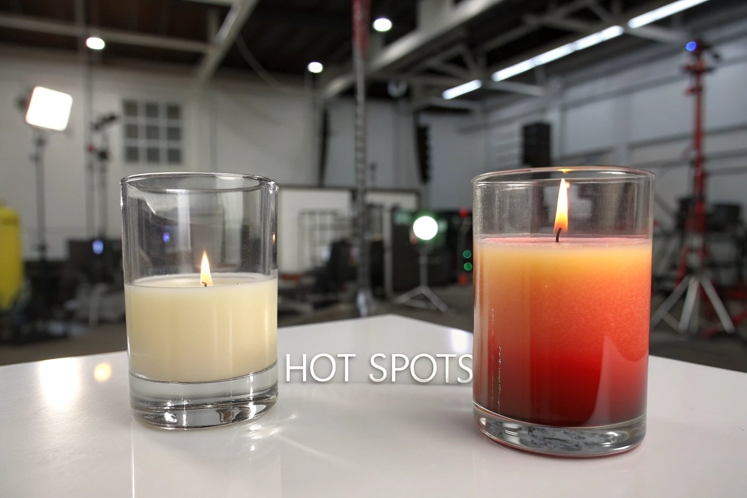 two glass container candles showing wax hot spots during safety testing