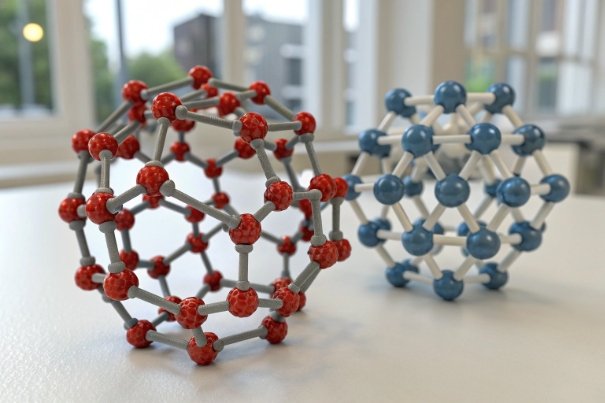 Ball-and-stick molecular models on laboratory table with window background
