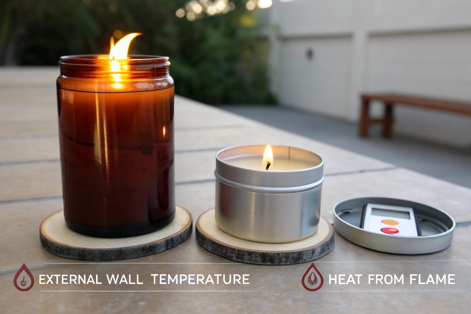 Amber glass jar candle and metal tin candle comparing external wall temperature and flame heat.