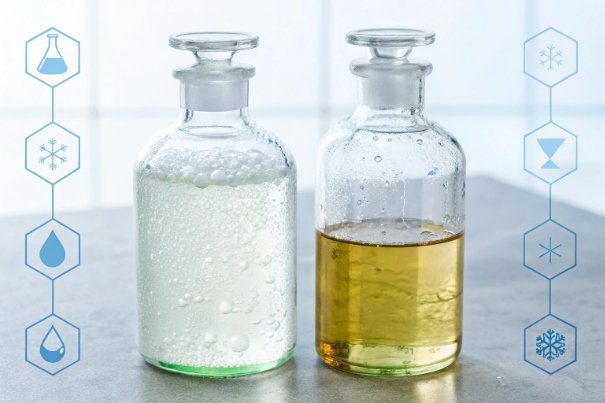 Two glass lab bottles with condensation showing cold storage and stability test icons