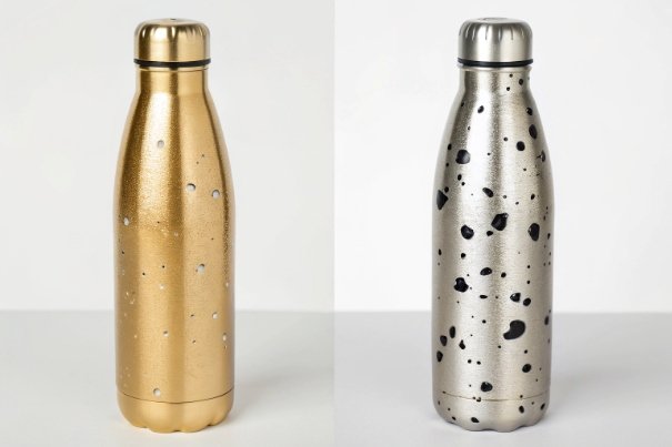 Gold and silver metallic coated bottles with speckled finish for premium packaging