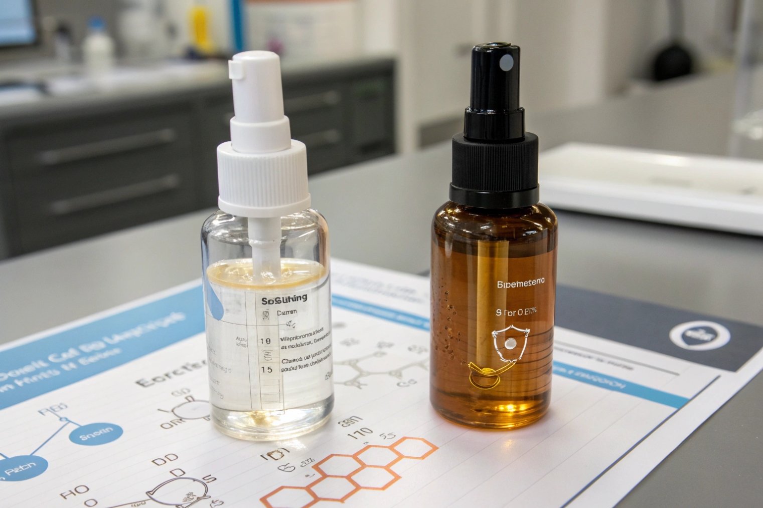 two lab sample spray bottles, one clear and one amber, sitting on chemistry worksheet during formula testing
