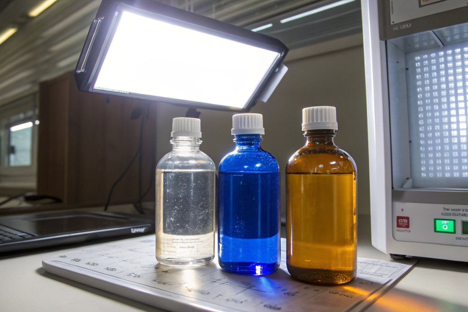 Clear, blue and amber pharmaceutical glass bottles under laboratory light testing UV blocking performance.