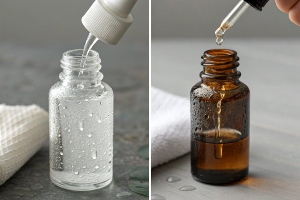Dropper dispensing serum into clear and amber glass bottles for cosmetic packaging