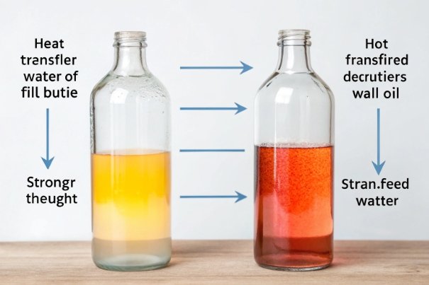 Thermal transfer process diagram comparing liquid levels in glass bottles during hot filling