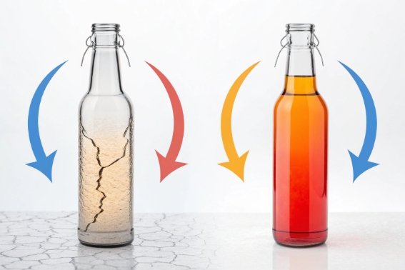 Thermal shock illustration showing cracked glass bottle versus stable filled bottle with cooling arrows