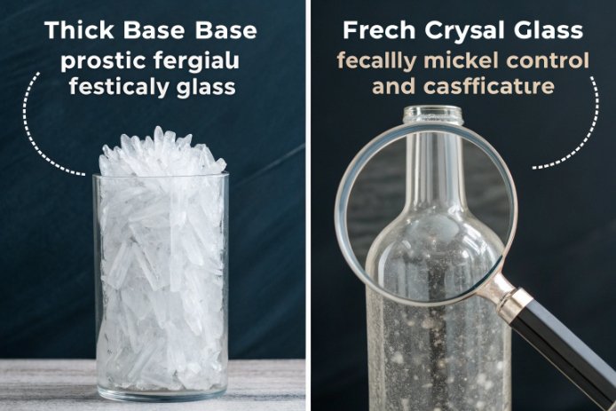 Thick base glass quality comparison showing crystal shards and magnified bottle surface