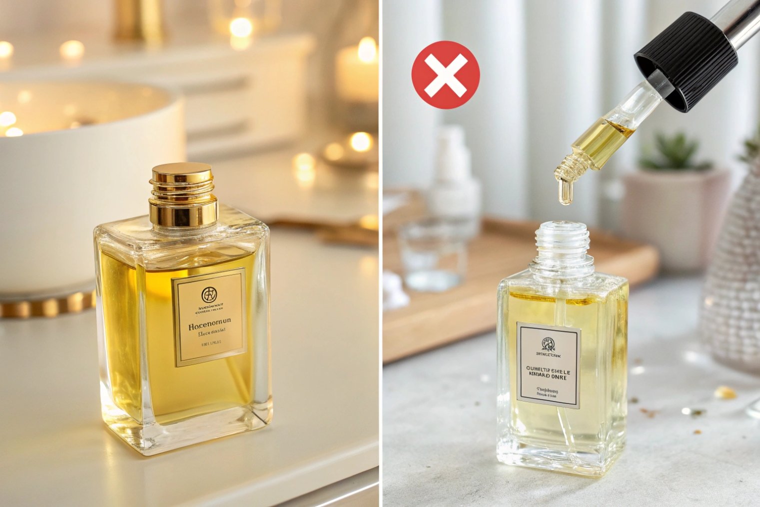 comparison of sealed perfume bottle versus unsafe open refilling with dropper and red cross icon