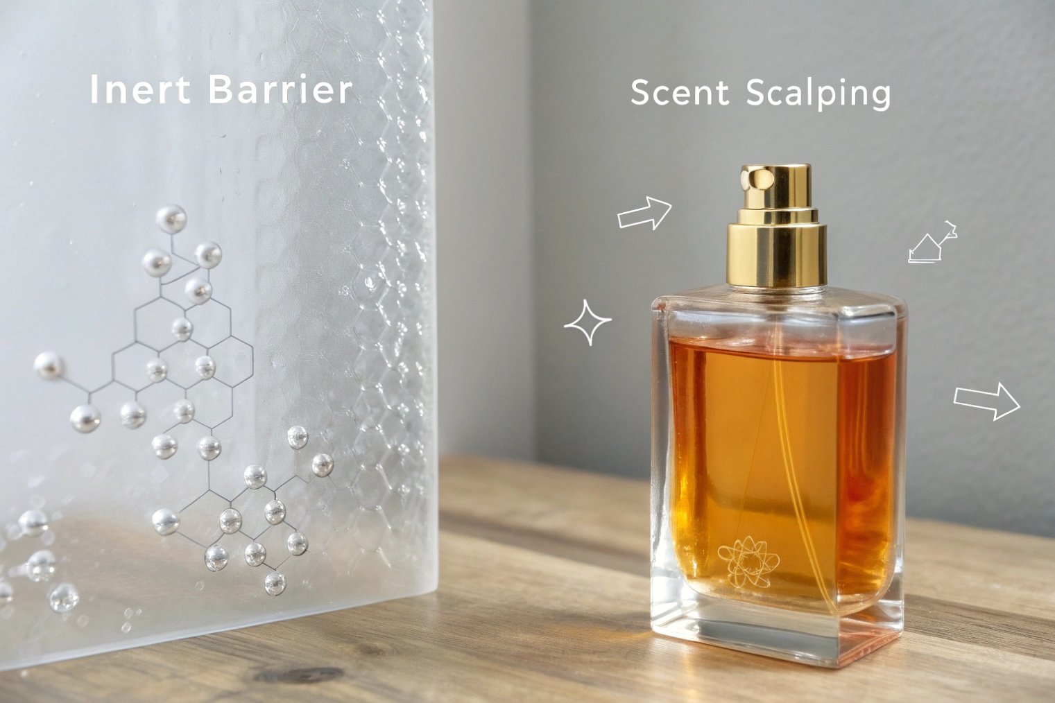 Amber-toned perfume in a square glass bottle beside a graphic panel reading “Inert Barrier” and “Scent Scalping”