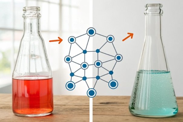 Chemical transformation infographic with flasks showing solution change in laboratory process