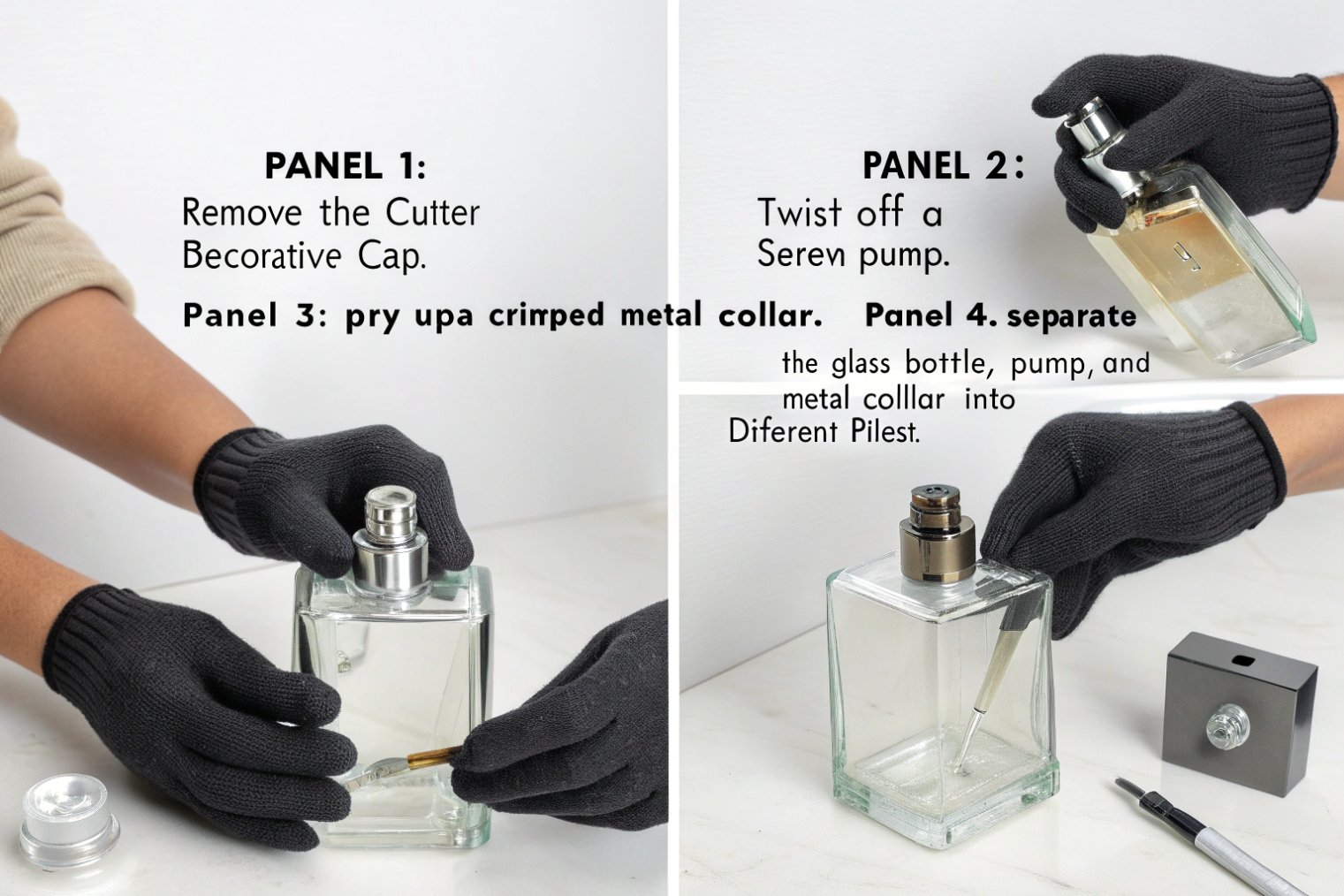 Gloved hands disassembling a perfume bottle pump in a four-panel instruction layout