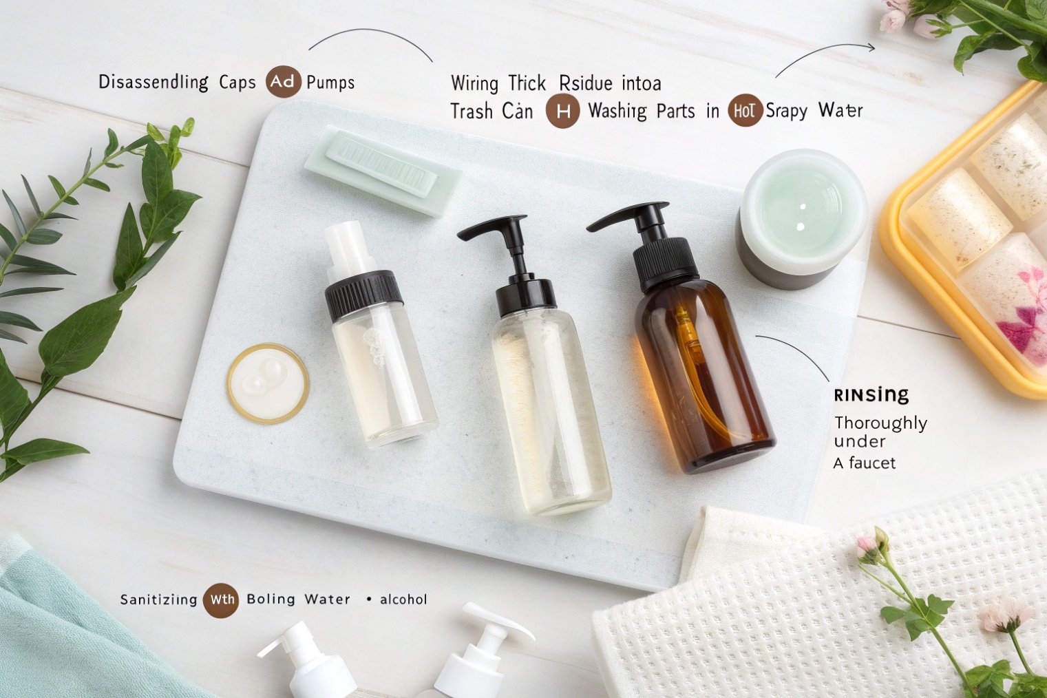 Guide to cleaning reusable skincare pump bottles with soap and sanitizing steps.