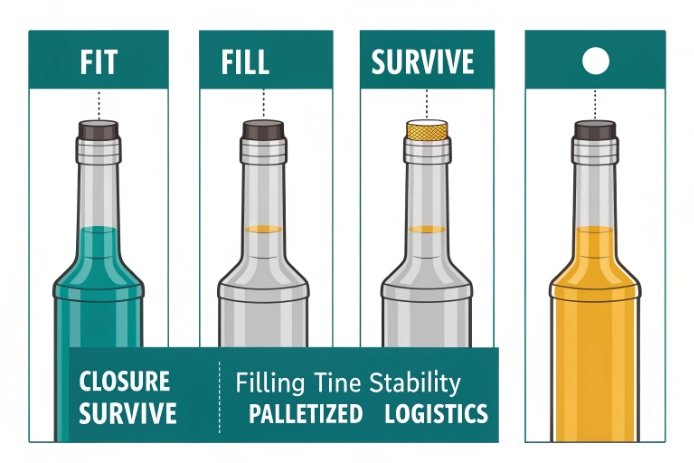 Diagram showing closure fit, fill, and survival checks for bottling logistics.