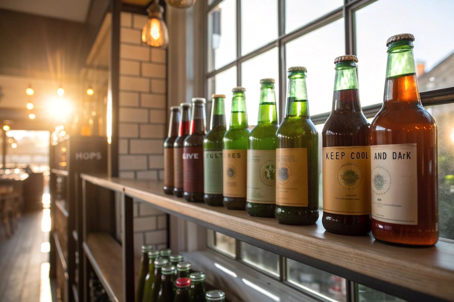 Craft beer in green and amber glass bottles displayed on bar window shelf at sunset