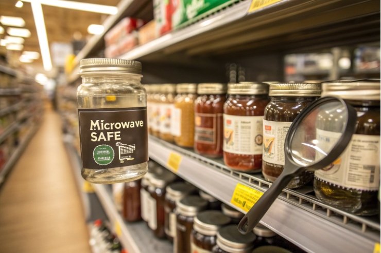 Supermarket aisle glass jar labeled microwave safe highlighted with magnifying glass
